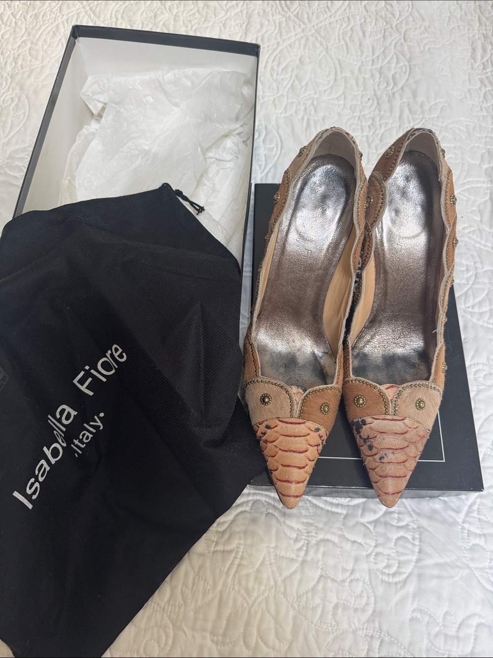 Isabella Fiore Tan Scalloped Pointed-Toe Heels with Stud Detail